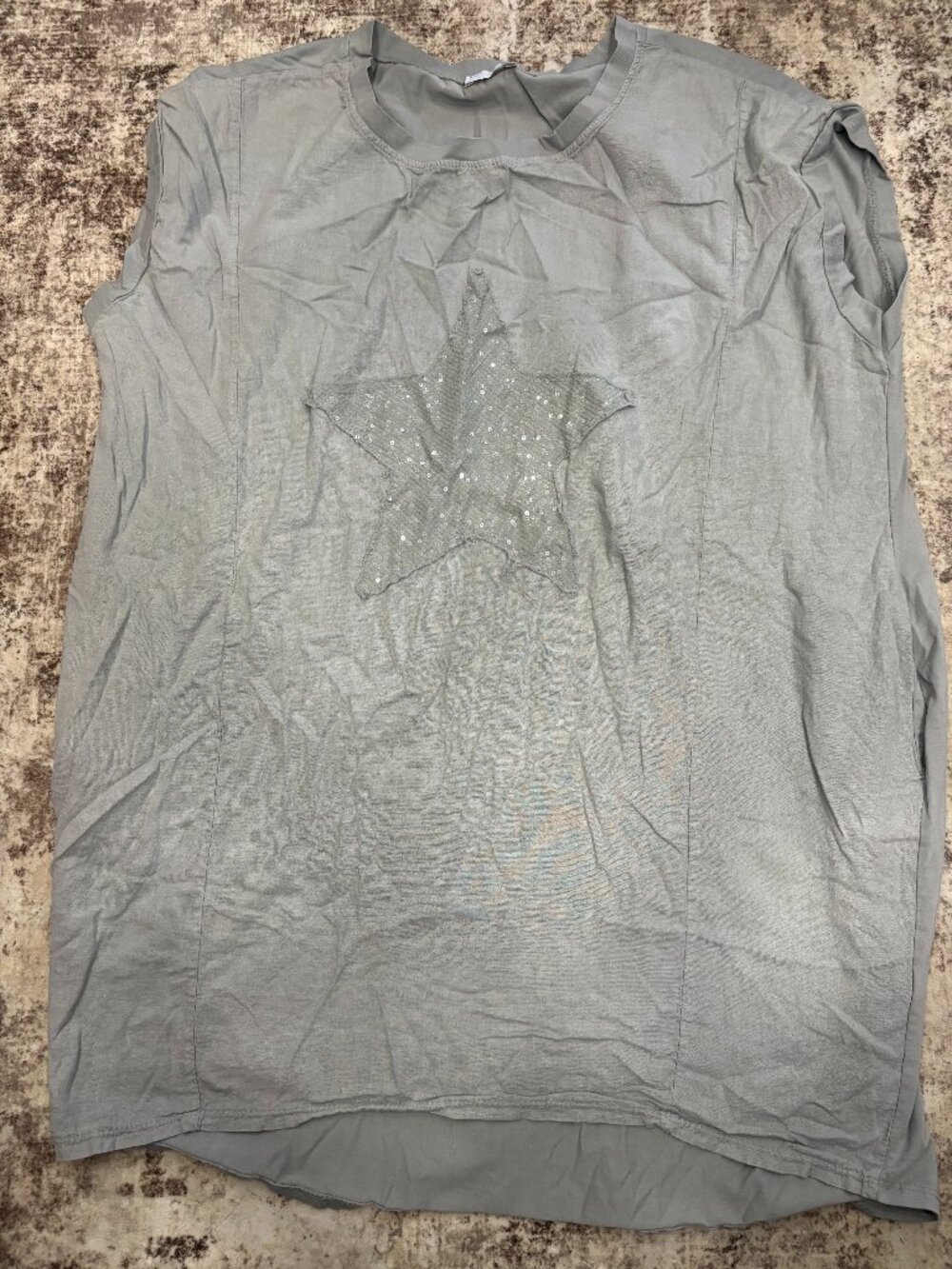 I Love Linen Made in Italy Sequin Star Linen Blend Top Sage Grey Lagenlook OS